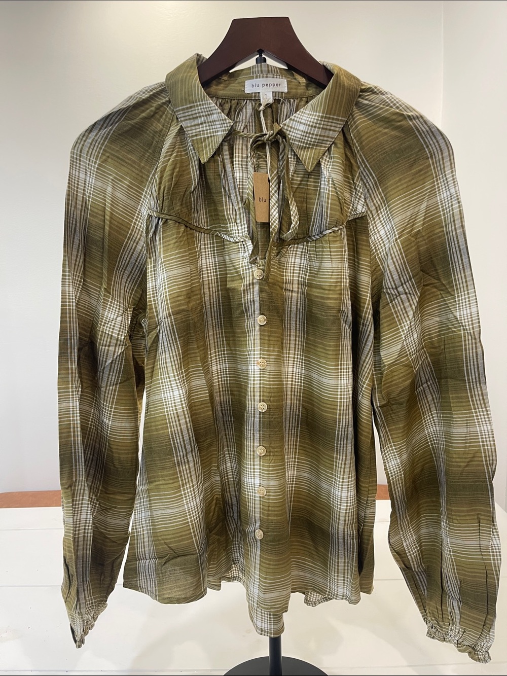 Blu Pepper Olive Plaid Tie-Neck Button Blouse